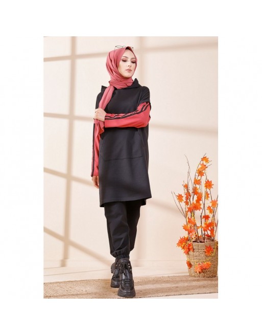 Tunique bicolore avec capuche pour femme (Hijab moderne et style décontracté) - Couleur noir et vieux rose 