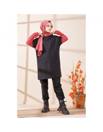 Tunique bicolore avec capuche pour femme (Hijab moderne et style décontracté) - Couleur noir et vieux rose 