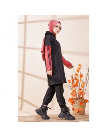 Tunique bicolore avec capuche pour femme (Hijab moderne et style décontracté) - Couleur noir et vieux rose 