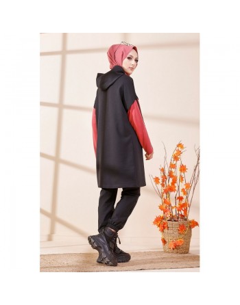 Tunique bicolore avec capuche pour femme (Hijab moderne et style décontracté) - Couleur noir et vieux rose 