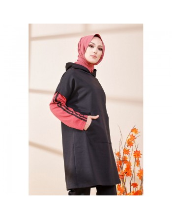 Tunique bicolore avec capuche pour femme (Hijab moderne et style décontracté) - Couleur noir et vieux rose 