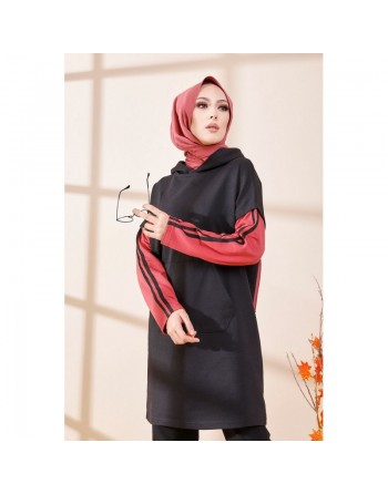Tunique bicolore avec capuche pour femme (Hijab moderne et style décontracté) - Couleur noir et vieux rose 