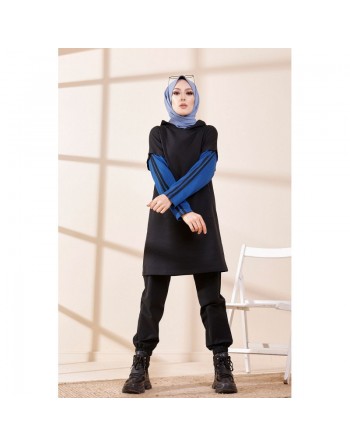 Tunique bicolore avec capuche pour femme (Hijab moderne et Sport) - Couleur noir et bleu roi 