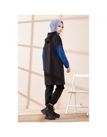 Tunique bicolore avec capuche pour femme (Hijab moderne et Sport) - Couleur noir et bleu roi 