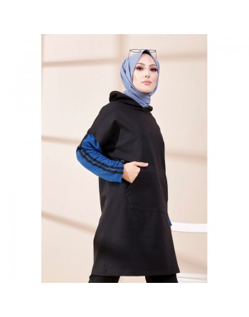 Tunique bicolore avec capuche pour femme (Hijab moderne et Sport) - Couleur noir et bleu roi 