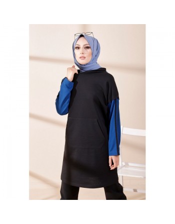 Tunique bicolore avec capuche pour femme (Hijab moderne et Sport) - Couleur noir et bleu roi 