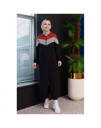 Cardigan long à capuche avec partie argentée - Robe zippée style moderne pour femme voilée - Couleur noir et brique 