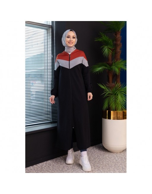 Cardigan long à capuche avec partie argentée - Robe zippée style moderne pour femme voilée - Couleur noir et brique Cardigan long à capuche avec partie argentée - Robe zippée style moderne pour femme voilée - Couleur noir et brique