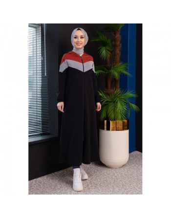 Cardigan long à capuche avec partie argentée - Robe zippée style moderne pour femme voilée - Couleur noir et brique 