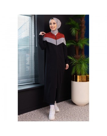 Cardigan long à capuche avec partie argentée - Robe zippée style moderne pour femme voilée - Couleur noir et brique 