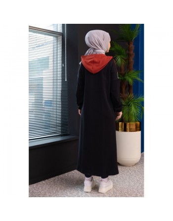 Cardigan long à capuche avec partie argentée - Robe zippée style moderne pour femme voilée - Couleur noir et brique 