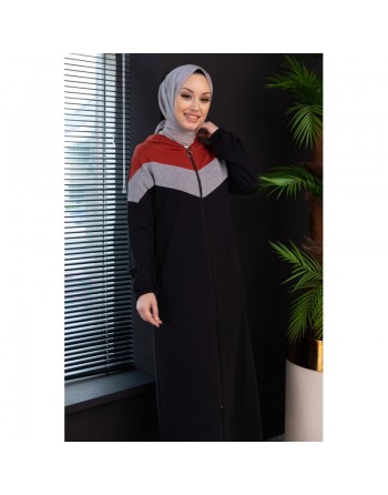 Cardigan long à capuche avec partie argentée - Robe zippée style moderne pour femme voilée - Couleur noir et brique 