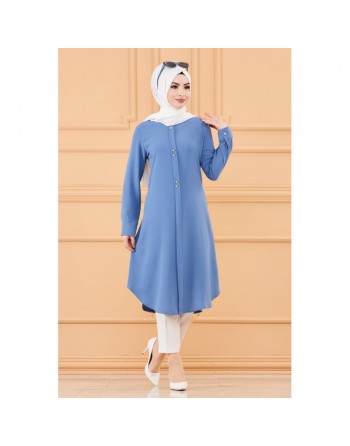 Tunique longue évasée boutonnée pour femme (Vêtement style habillé pour hijab) - Couleur bleu indigo 