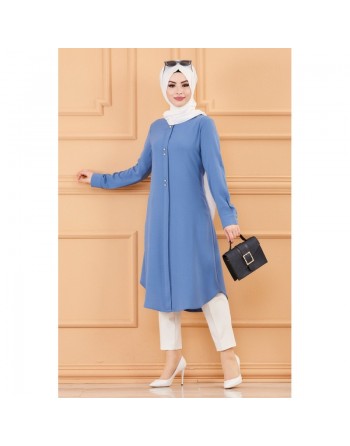 Tunique longue évasée boutonnée pour femme (Vêtement style habillé pour hijab) - Couleur bleu indigo 