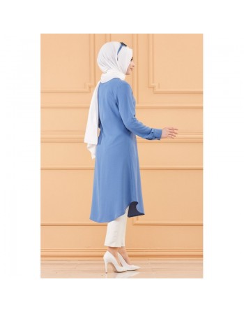 Tunique longue évasée boutonnée pour femme (Vêtement style habillé pour hijab) - Couleur bleu indigo 