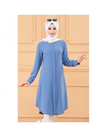 Tunique longue évasée boutonnée pour femme (Vêtement style habillé pour hijab) - Couleur bleu indigo 