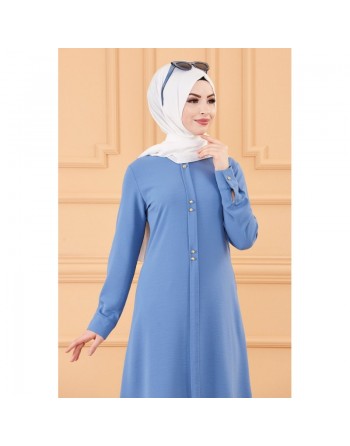 Tunique longue évasée boutonnée pour femme (Vêtement style habillé pour hijab) - Couleur bleu indigo 