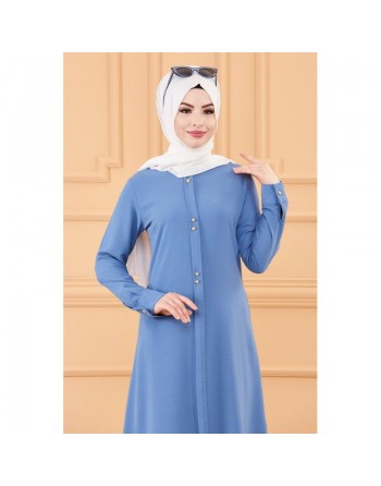 Tunique longue évasée boutonnée pour femme (Vêtement style habillé pour hijab) - Couleur bleu indigo 