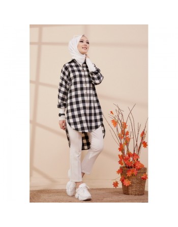 Chemise - Tunique à carreaux (Vêtement pudique pour femme) - Couleur noir et blanc 