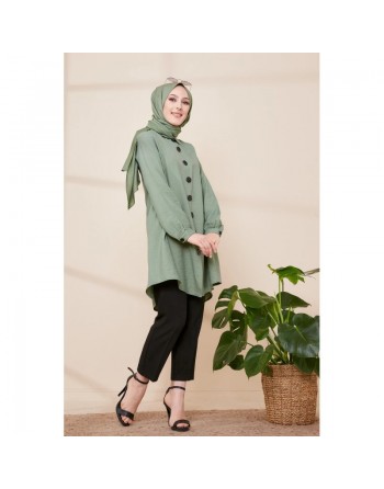 Chemise à gros boutons (Tunique style habillé pour femme voilée) - Couleur kaki 