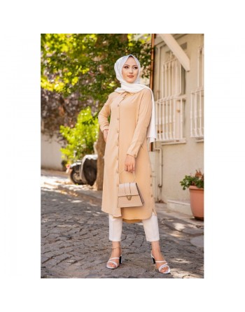 Chemise longue boutonnée type tunique (Vetements et tenues pour Hijab) - Couleur Beige 