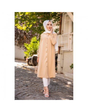 Chemise longue boutonnée type tunique (Vetements et tenues pour Hijab) - Couleur Beige 
