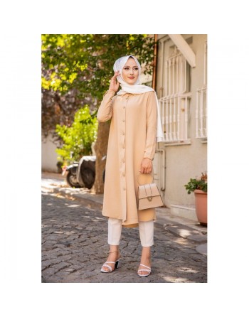 Chemise longue boutonnée type tunique (Vetements et tenues pour Hijab) - Couleur Beige 