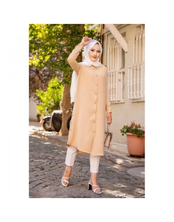 Chemise longue boutonnée type tunique (Vetements et tenues pour Hijab) - Couleur Beige 