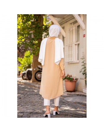 Chemise longue boutonnée type tunique (Vetements et tenues pour Hijab) - Couleur Beige 