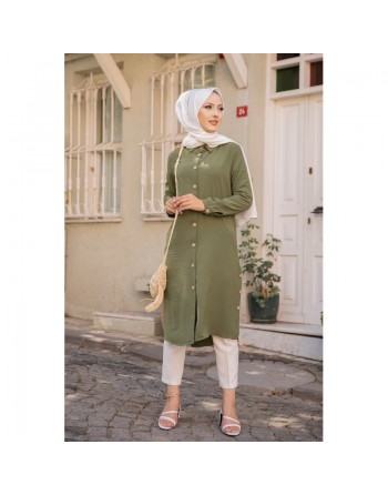 Chemise longue boutonnée type tunique (Vetement pudique femme voilée) - Couleur kaki 