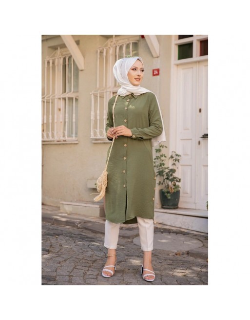 Chemise longue boutonnée type tunique (Vetement pudique femme voilée) - Couleur kaki Chemise longue boutonnée type tunique (Vetement pudique femme voilée) - Couleur kaki