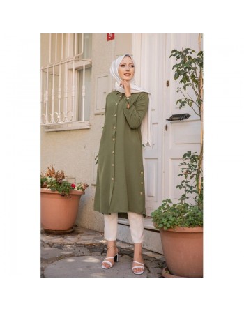 Chemise longue boutonnée type tunique (Vetement pudique femme voilée) - Couleur kaki 