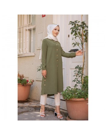 Chemise longue boutonnée type tunique (Vetement pudique femme voilée) - Couleur kaki 