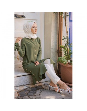 Chemise longue boutonnée type tunique (Vetement pudique femme voilée) - Couleur kaki 