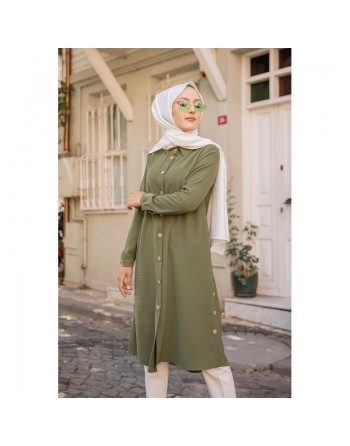 Chemise longue boutonnée type tunique (Vetement pudique femme voilée) - Couleur kaki 