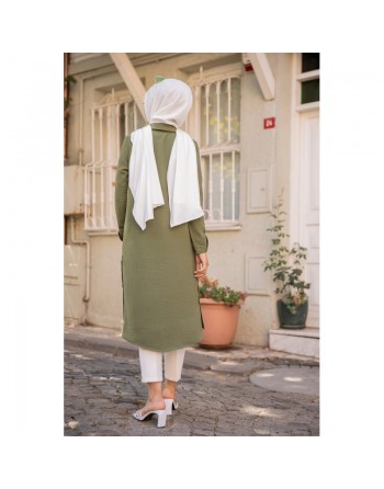 Chemise longue boutonnée type tunique (Vetement pudique femme voilée) - Couleur kaki 