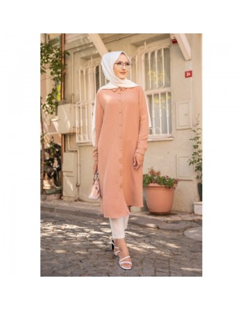 Chemise longue boutonnée type tunique (Vetements pour Hijab France en ligne) - Couleur vison 