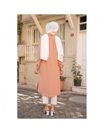 Chemise longue boutonnée type tunique (Vetements pour Hijab France en ligne) - Couleur vison 