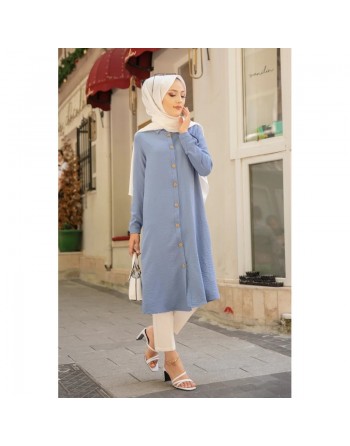 Chemise longue boutonnée type tunique (Boutique Vetement Modest Fashion France) - Couleur bleu indigo 