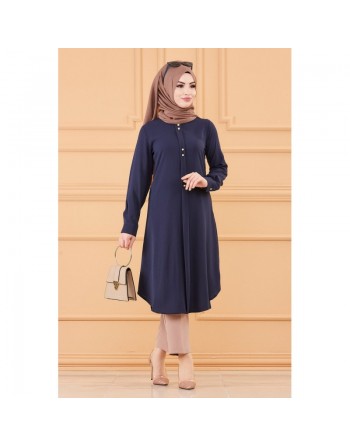 Tunique longue boutonnée chic pour femme (Vêtement style habillé pour hijab) - Couleur bleu marine 