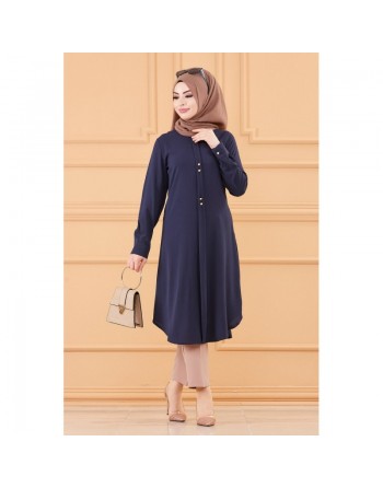 Tunique longue boutonnée chic pour femme (Vêtement style habillé pour hijab) - Couleur bleu marine 