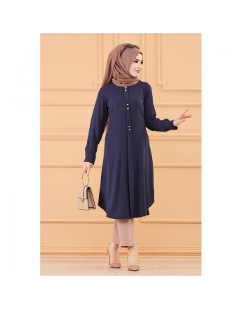 Tunique longue boutonnée chic pour femme (Vêtement style habillé pour hijab) - Couleur bleu marine 