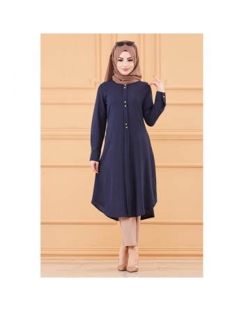 Tunique longue boutonnée chic pour femme (Vêtement style habillé pour hijab) - Couleur bleu marine 