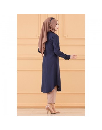 Tunique longue boutonnée chic pour femme (Vêtement style habillé pour hijab) - Couleur bleu marine 