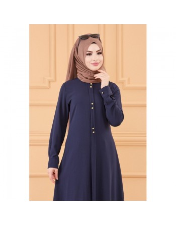 Tunique longue boutonnée chic pour femme (Vêtement style habillé pour hijab) - Couleur bleu marine 