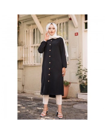 Chemise longue boutonnée type tunique (Mode musulmane) - Couleur noire 