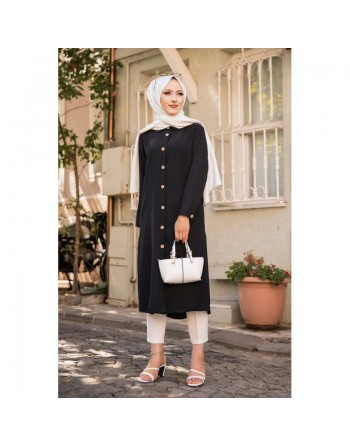 Chemise longue boutonnée type tunique (Mode musulmane) - Couleur noire 