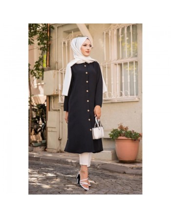 Chemise longue boutonnée type tunique (Mode musulmane) - Couleur noire 