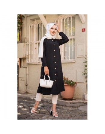 Chemise longue boutonnée type tunique (Mode musulmane) - Couleur noire 