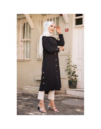 Chemise longue boutonnée type tunique (Mode musulmane) - Couleur noire 